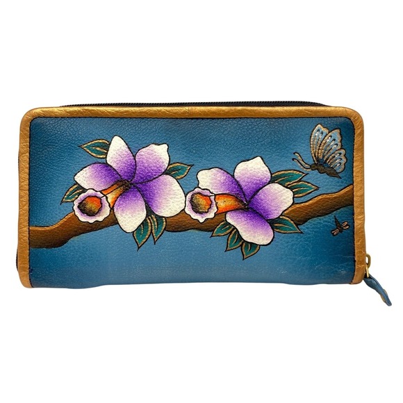 Magnifique Hand Painted Flower Zip Around Wallet Teal Blue Purple Leather NWT - Picture 2 of 8